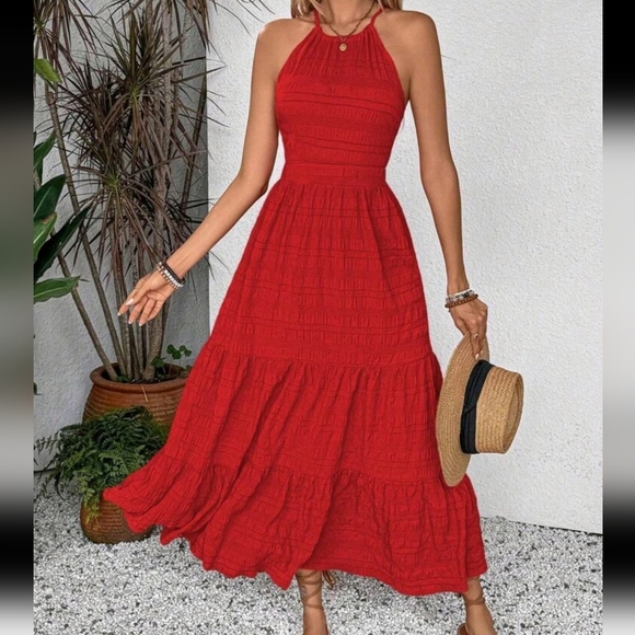 Summer Holiday Solid Color Textured Backless Dress For Vacation - Picture 1 of 5